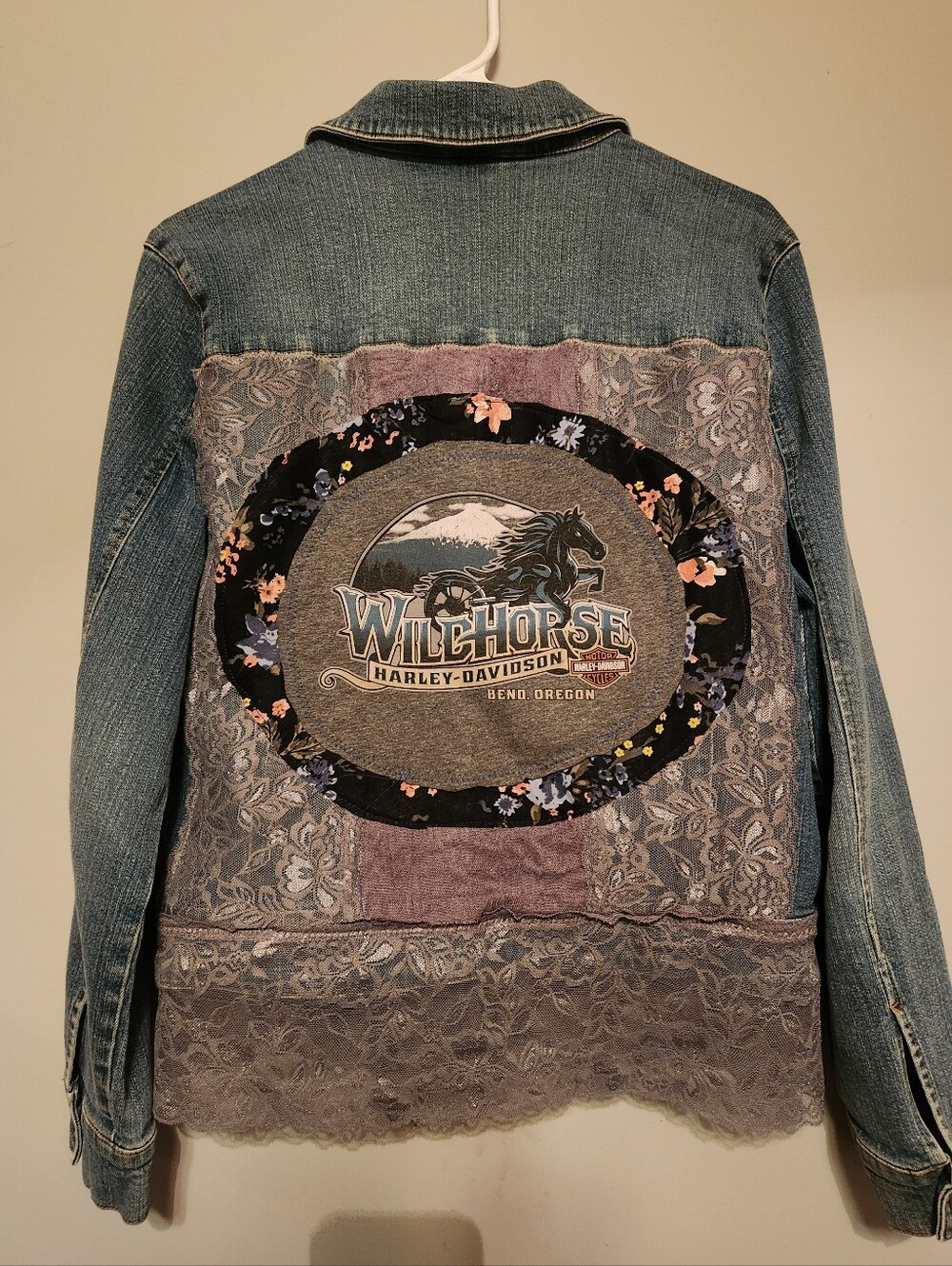 Upcycled Denim With Wild Horse  Harley Davidson Of Bend Oregon Logo.